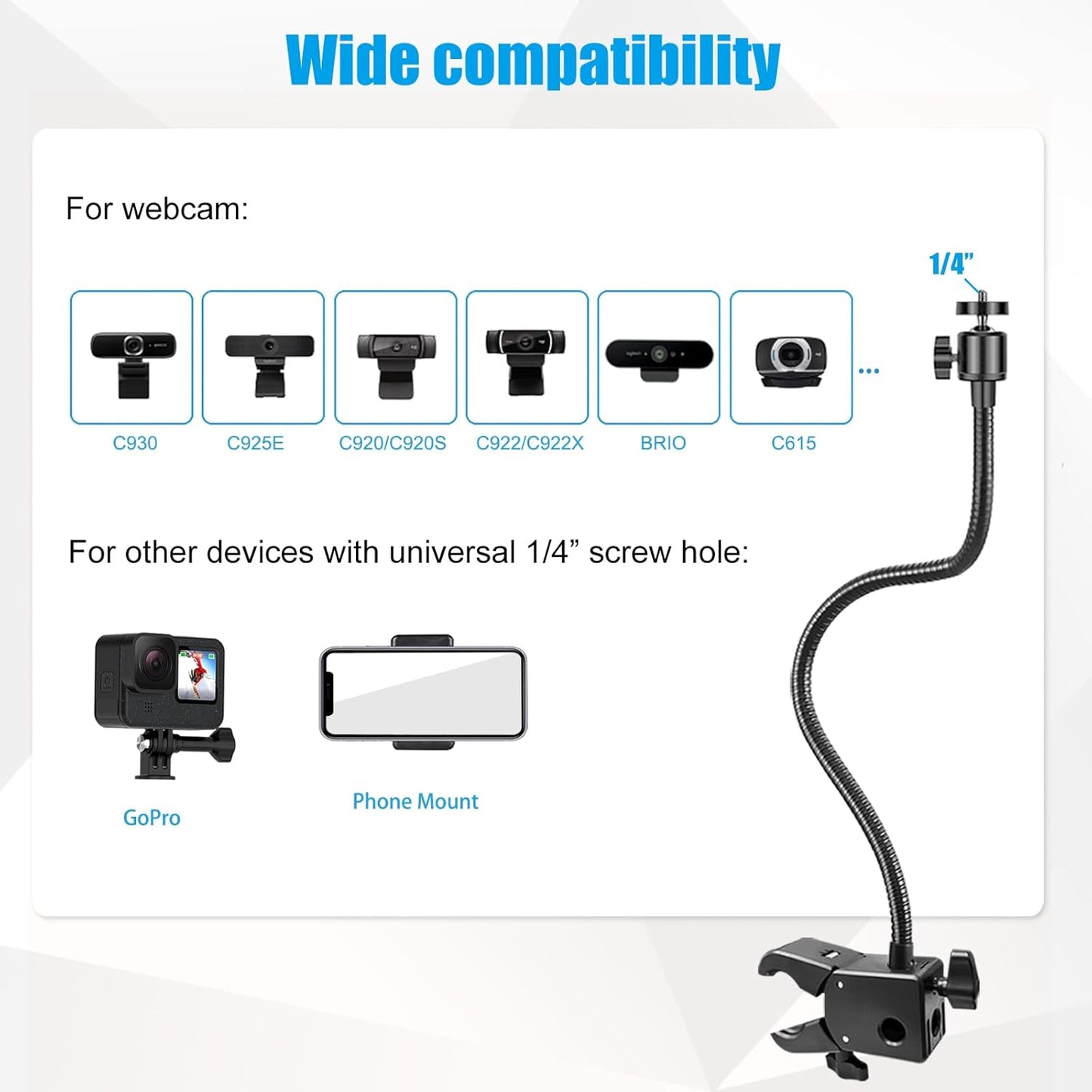 Khazylorr C922 C930e C920S C920 C615 C960 C920x 4K N60 Webcam Stand, Webcam Mount Gooseneck Arm with Phone Holder Web