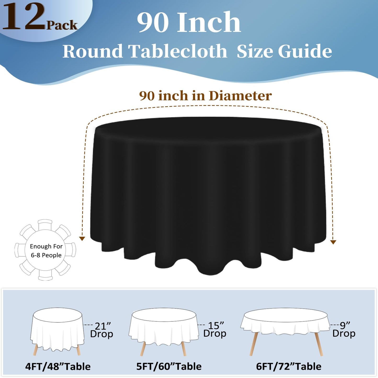 pepmily 12 Pack Black Round Tablecloths 90 Inch Table Table Cloth, Wrinkle Resistant Washable Polyester Fabric Table Cloth Round Table Cover for Dining Banquet Wedding Party