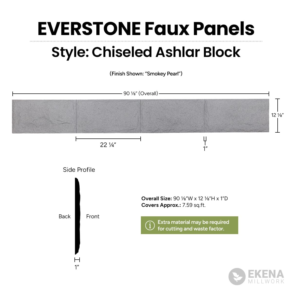 EverStone Dry Stacked, Chiseled Ashlar Block Faux Concrete Panel, 90 1/8"W x 12 1/8"H x 1 5/8"D, Obsidian