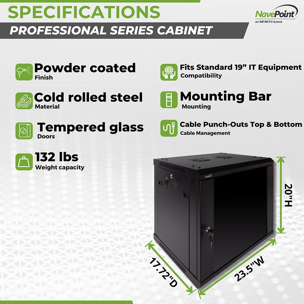 NavePoint 9U Server Rack Enclosure - 17.7” Deep, Wall Mount Network Cabinet with Locking Glass Door for 19” IT Equipment, Network Rack with 2 Fans, Removable Side Panels, Black