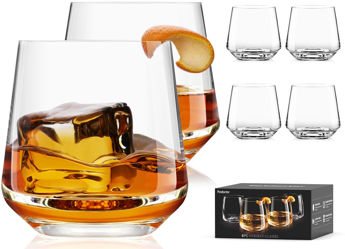 Potdoctor Whiskey Glasses Set of 6, 13.5oz Premium Lead-Free Crystal rocks Glass,Unique Gifts for Men Women, Bourbon Scotch Cocktails Drink Rum Cognac Vodka Liquor