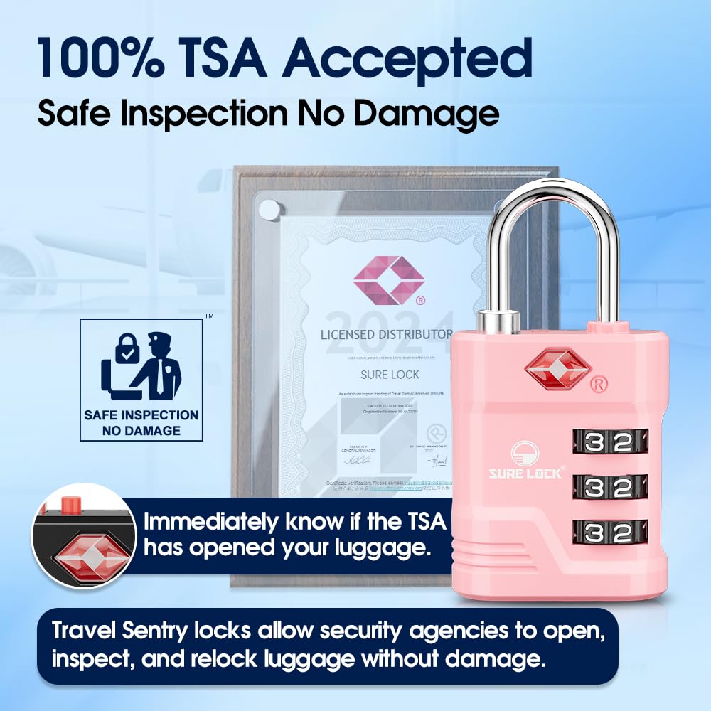 SURE LOCK TSA Approved Luggage Lock – 3-Digit Resettable Combination Padlock with Open Alert Red Dot, Large Easy-Read Dials for Suitcases, Backpacks, Gym & School Lockers(Pink 1 pk)