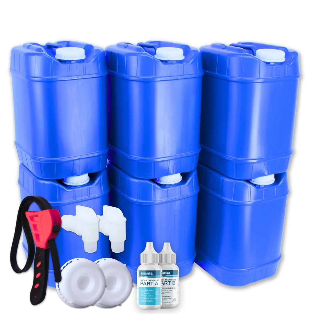 Aguaprep 5-Gallon Stackable Water Storage Containers, Water Treatment, 8 Lids + 2 Spigots, Easy Fill, Survial Supply Emergency Water Storage for Disaster Preparedness, 30 Gallon (6 Tank)