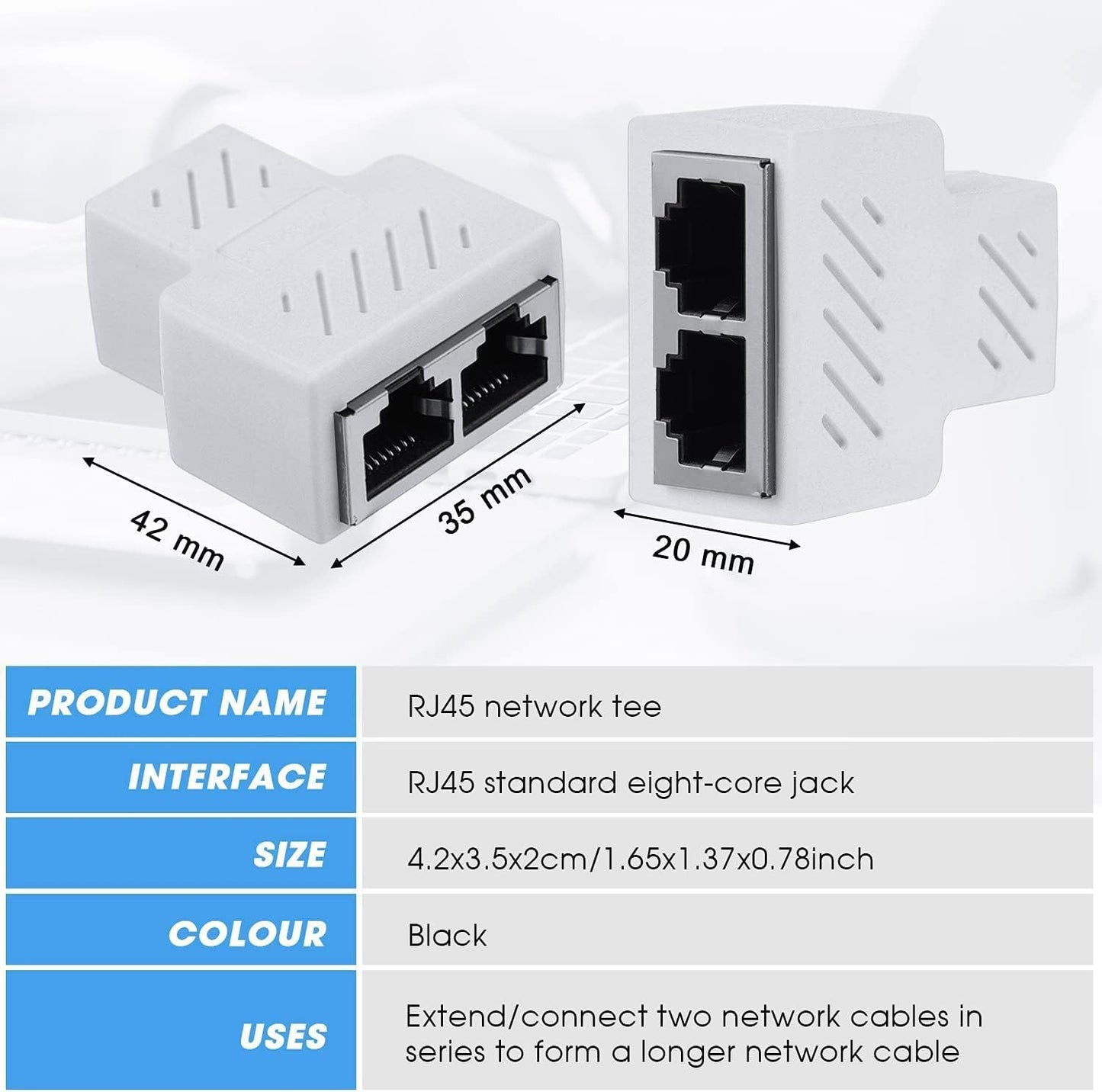 VizGiz 2 Pack RJ45 1 2 Cat5 Cat6 Cat7 Splitter to Port T Adapter Female Socket Ethernet Connector Dual Ways Plug