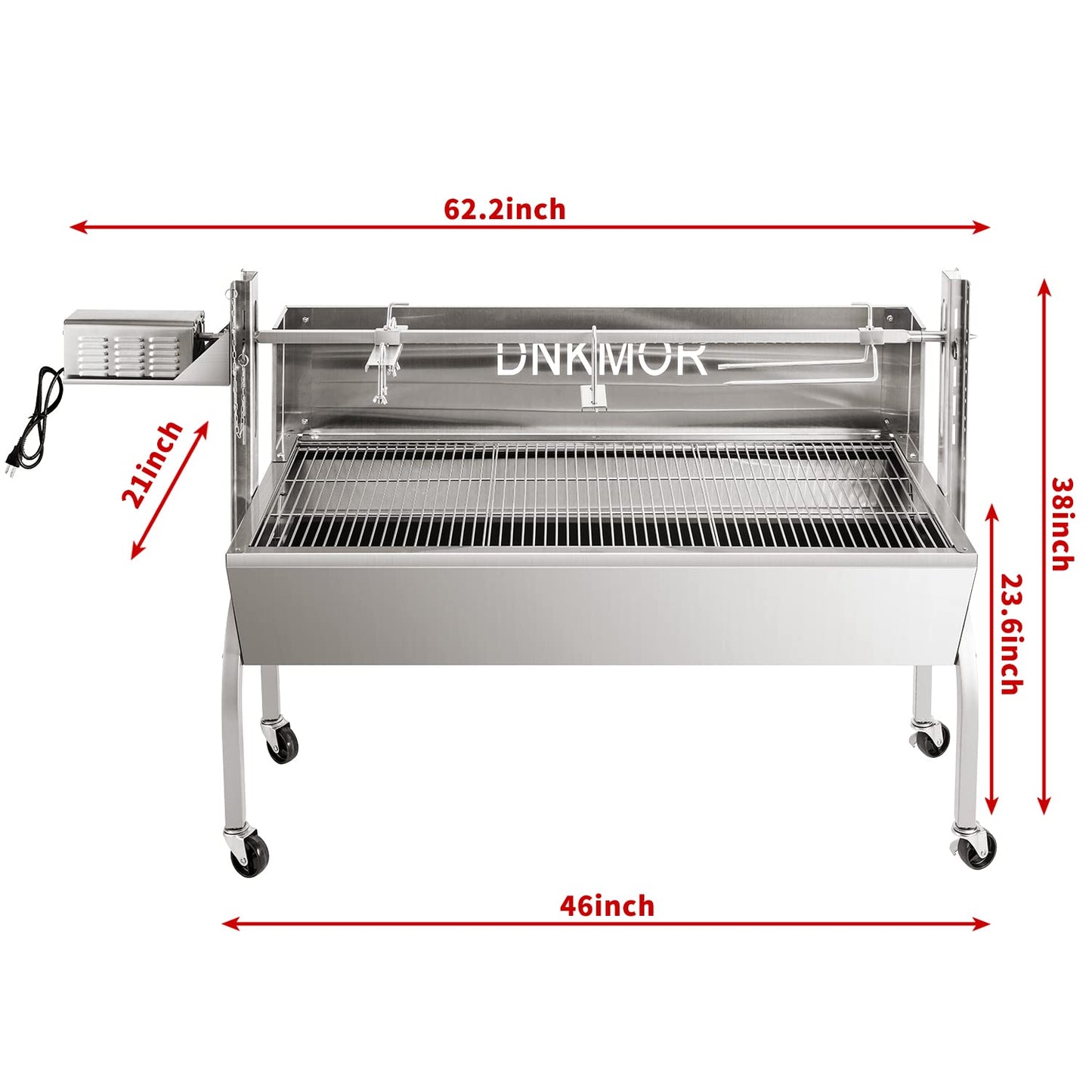 Rotisserie Grill Stainless Steel Charcoal Spit Roaster, 50" Pig Lamb Hooded Roaster Charcoal Spit with 30W Motor & Adjustable Height Lockable Casters for Outdoor Camping Party, Rated 150 LB