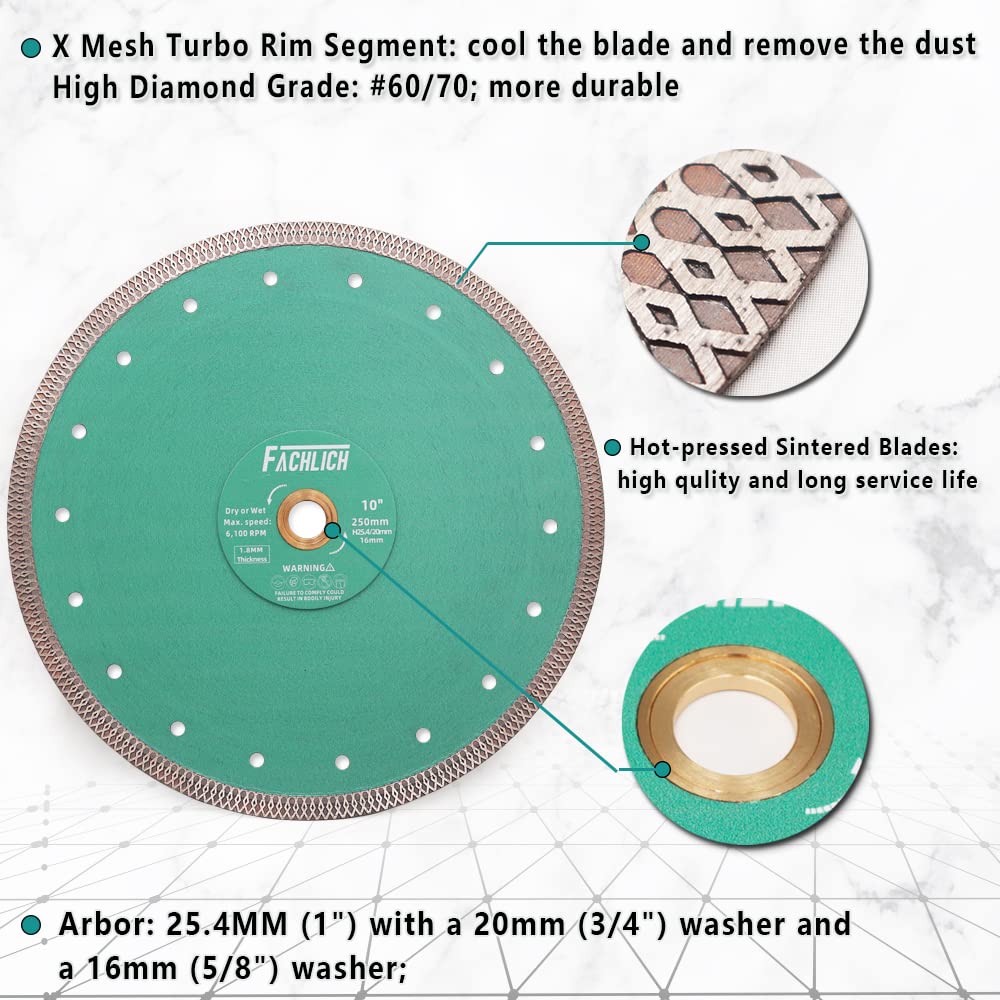 FACHLICH Diamond Core Drill Bits Set and FACHLICH Diamond Porcelain Saw Blade,2pcs 10"/250MM Super Thin Dry Wet Cutting Disc with X Teeth Turbo Mesh Rim