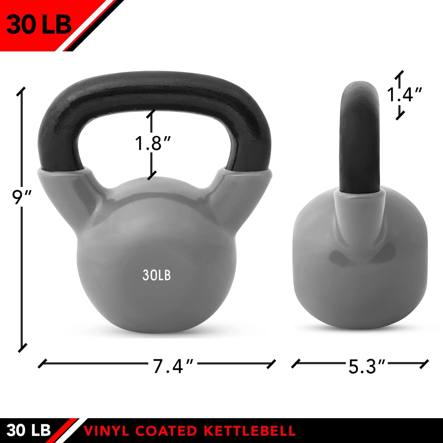 JFIT Vinyl-Coated Cast Iron Kettlebell Weight – Flat Bottom Kettlebell for Strength Training, Cross Training & Home Gym Workouts, 30LB-Gray