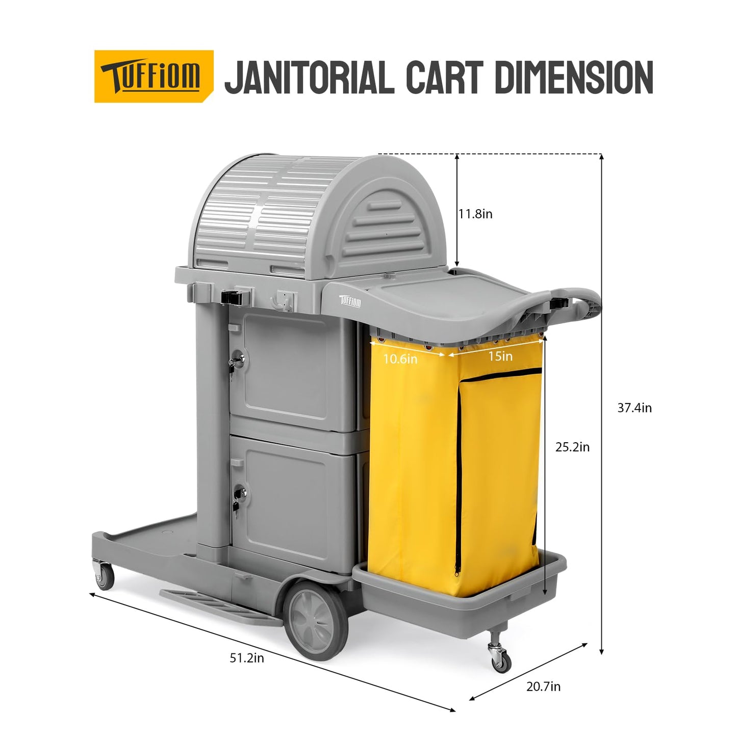 TUFFIOM Janitorial Cart on Wheels, 3 Shelf Commercial Cleaning Cart with Key Locking-Cabinet, Grey Housekeeping Cart with Locker and Cleaning Bag, for Hotel, Business, Office, Stadium Use