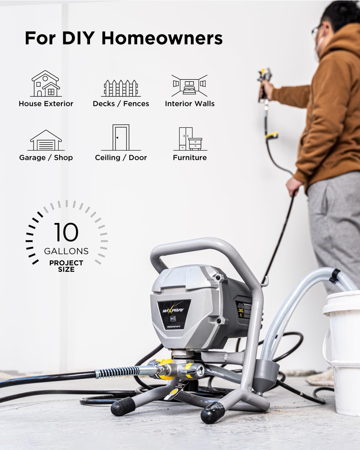 InoKraft MaXpray M1 Airless Paint Sprayer, 3000 PSI 550W Corded Electric, Thinning-Free for Latex & Stain, DIY Home Interior Exterior Walls Fences Decks, Includes Spray Gun Kit & 12" Tip Extension
