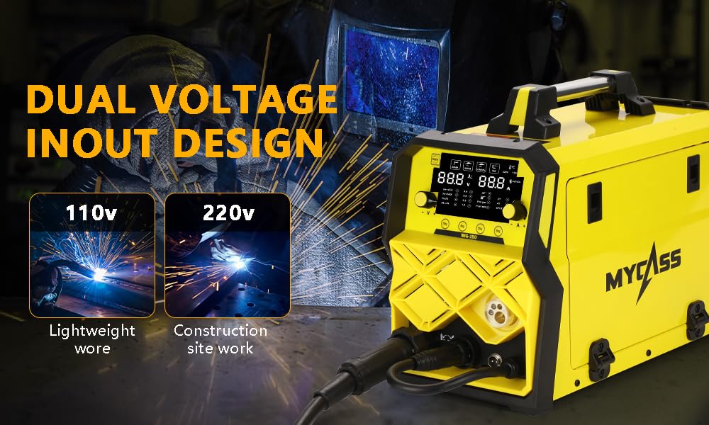MYCASS 250A MIG Welder,5 in 1 Gas MIG/Gasless Flux Core/Stick/Lift TIG/Spot Welding/Spool Gun Compatible Aluminum Welding Machine Large LED Display 110V/220V Multi Process Welder