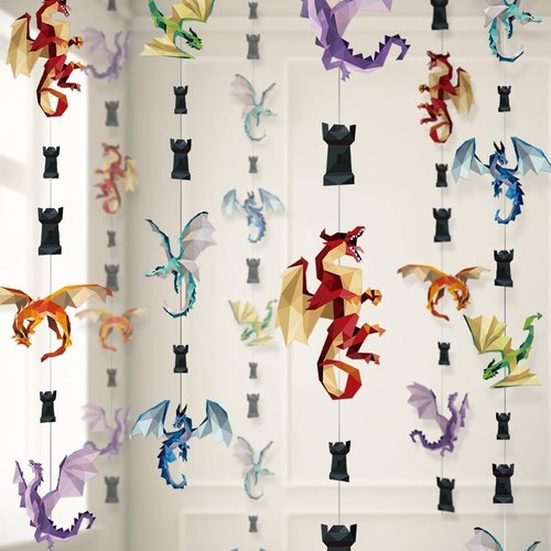 Cheerland Dragon Party Decorations Medieval Dragon Decoration Hanging Fire Wings Garland Geometric Fantasy Castle Streamer Banner Decoration Fantasy Birthday Renaissance Theme Backdrop Pack of 6