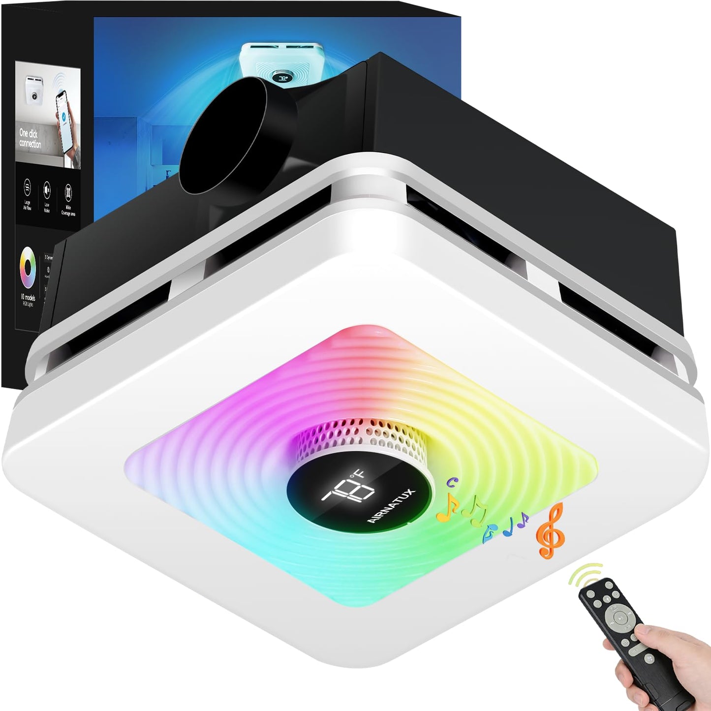 AIRNATUX Bathroom Exhaust Fan with Light,230CFM Powerful Ventilation,7 LED Options & 3 Dynamic Modes,3CCT&Stepless Dimming,Speaker Exhaust Fan with 1.0 Sone Quiet Operation,Bluetooth Remote Music