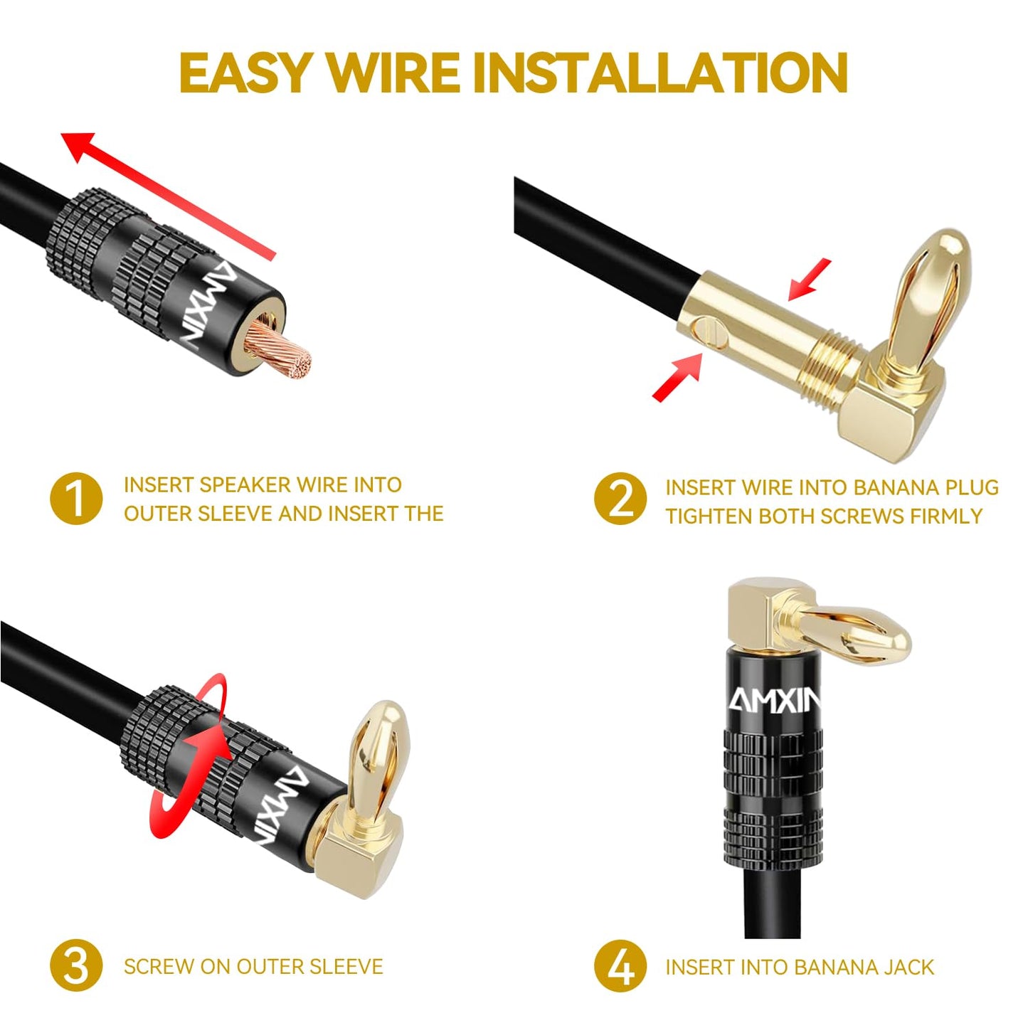 Amxinwang (8 16 24K Right Angle Banana Plugs Pairs, Pieces), Closed Screw Gold Plated Speaker Connectors for Speaker