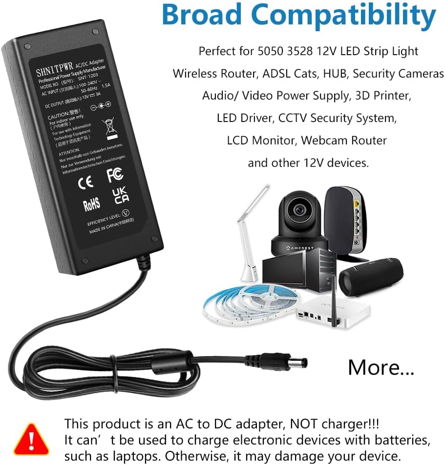 SHNITPWR 12V 3A 100V~240V 12 3Amp 5.5x2.5mm 3D 6-Pack Power Supply Adapter AC to DC Volt Converter Transformer LED