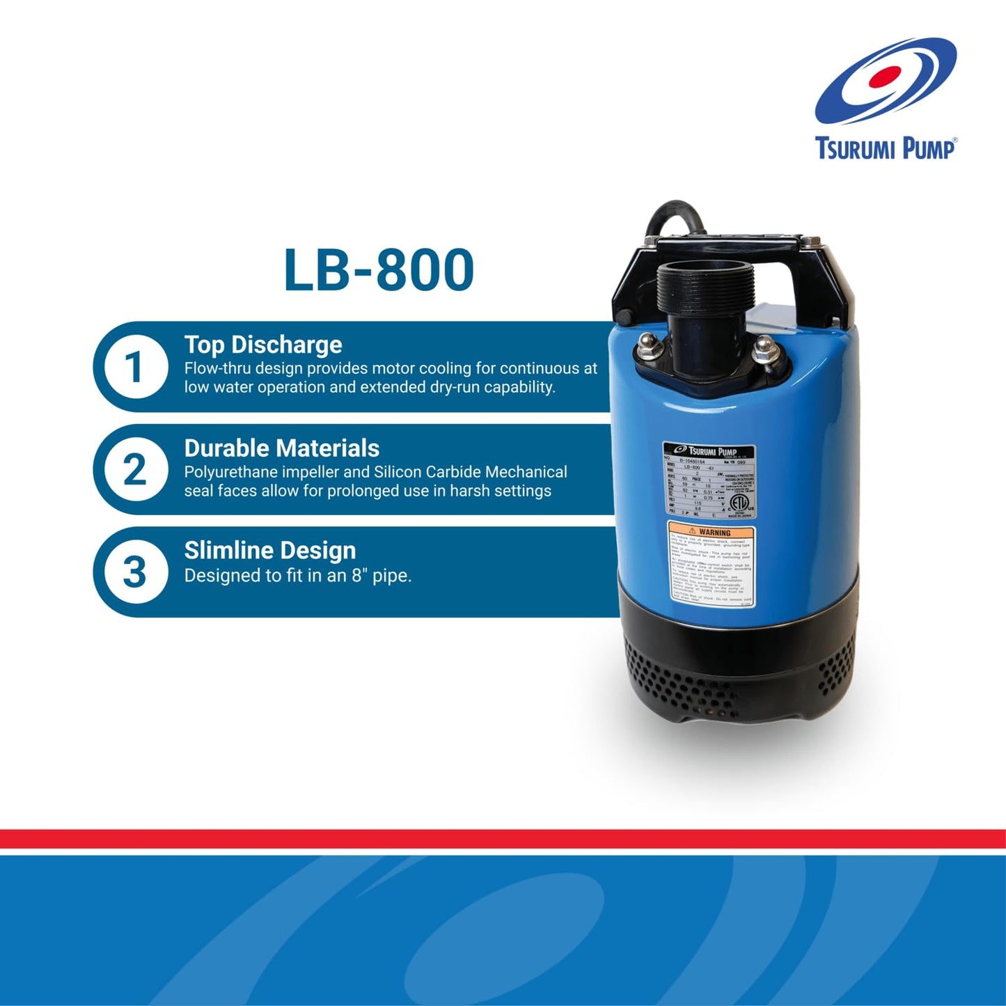 Tsurumi Pump LB-800 Submersible Dewatering Pump 1 HP 115V 2" Discharge for Construction and General Dewatering | 80 GPM / 4800 GPH