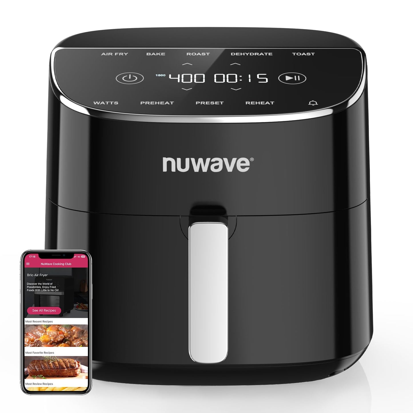 Nuwave Brio Plus Air Fryer 8 Qt, New & Improved, PFAS-FREE, 7 Digital One-Touch Cook Functions that AIR FRY, BAKE, ROAST, DEHYDRATE, TOAST, REHEAT, PREHEAT, 150 Presets, 50°F~400°F (Black)