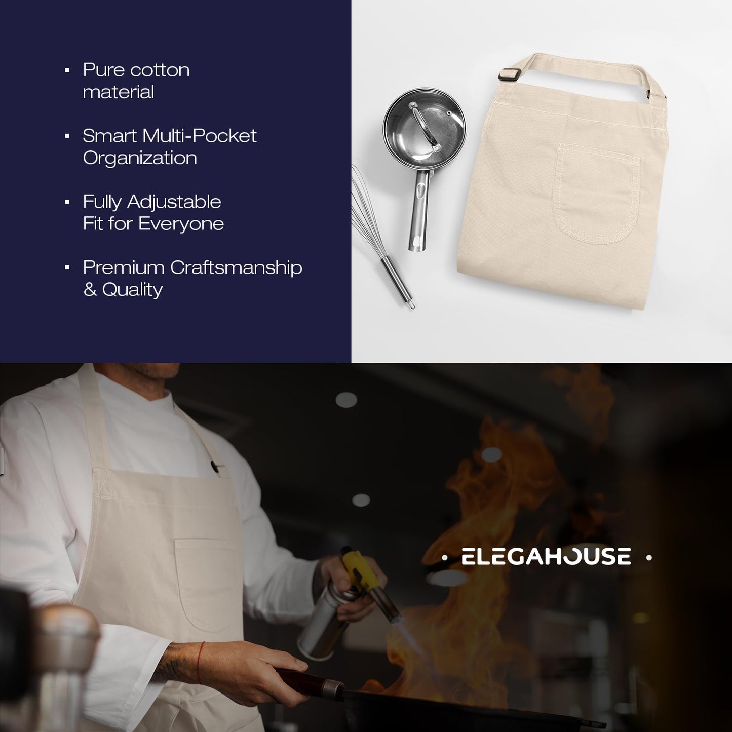 ELEGAHOUSE Unisex Apron with Pockets for Cooking, Salon & Art - 100% Cotton Adult Kitchen, Chef, Stylist Apron (Beige)