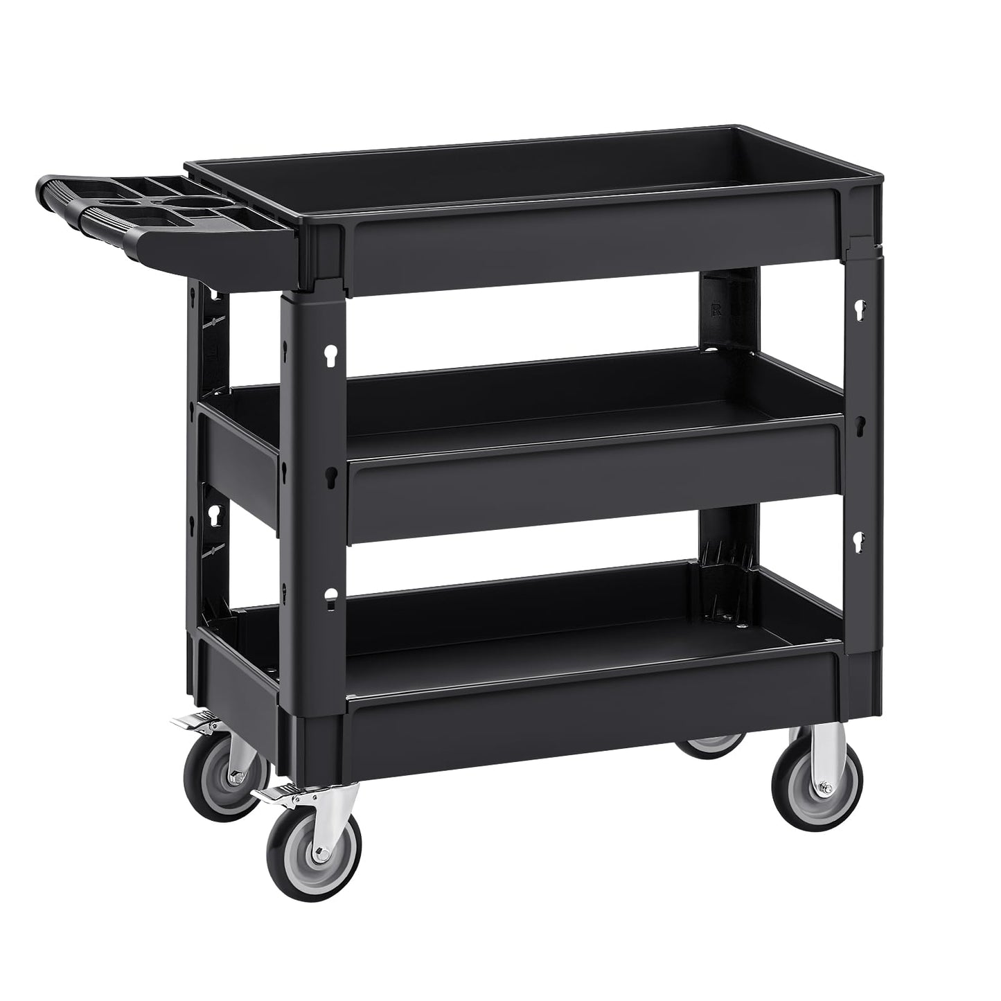 VEVOR Utility Cart, 3-Tier Plastic Service Cart with 550LBS Capacity, 360° Swivel Casters (Including 2 Locking Wheels), Medium Lipped Shelves, Ergonomic Handle, for Garage, Warehouse, Cleaning Tasks