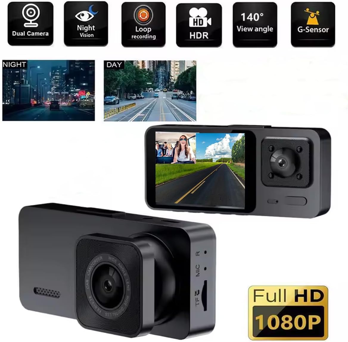X W EI UNION 2K 1080P 2 Inch Dash Camera Front and Inside Dash Cam for Car Security Video Recorder with Audio Plug