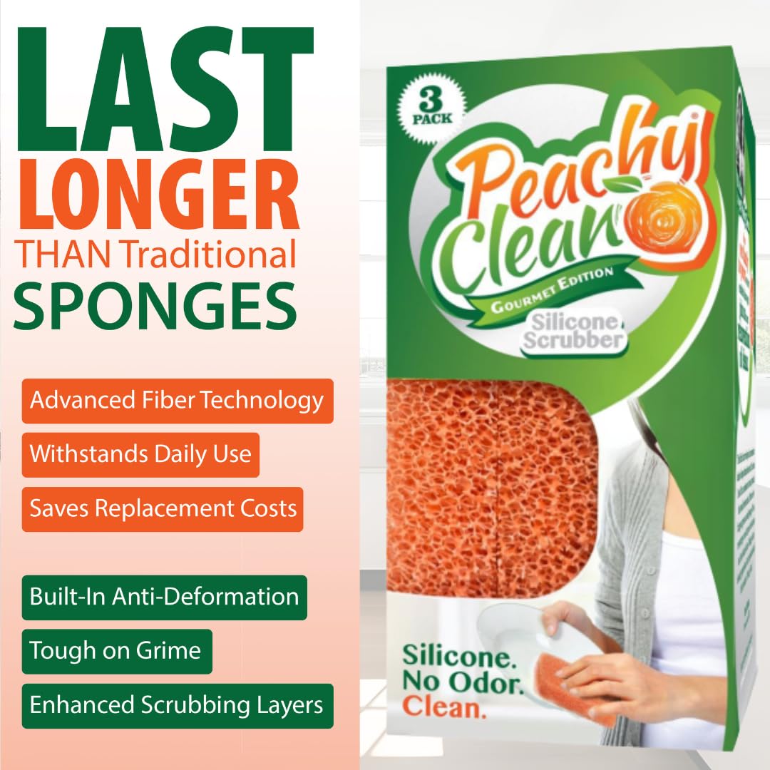 Peachy Clean Silicone Dish Sponge Scrubbers, Fresh Peach Scent, Non-Scratch, Odor-Resistant, Durable Dish Sponges for Kitchen 3pk