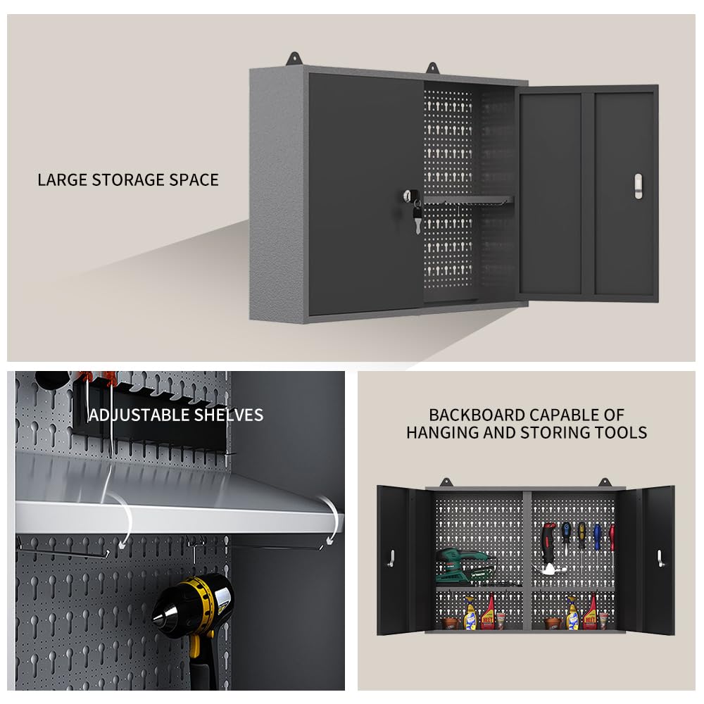 JZD Metal Wall Mounted Tool Cabinet with Lockable Doors, for Garage Basement Workshop, Black & Grey