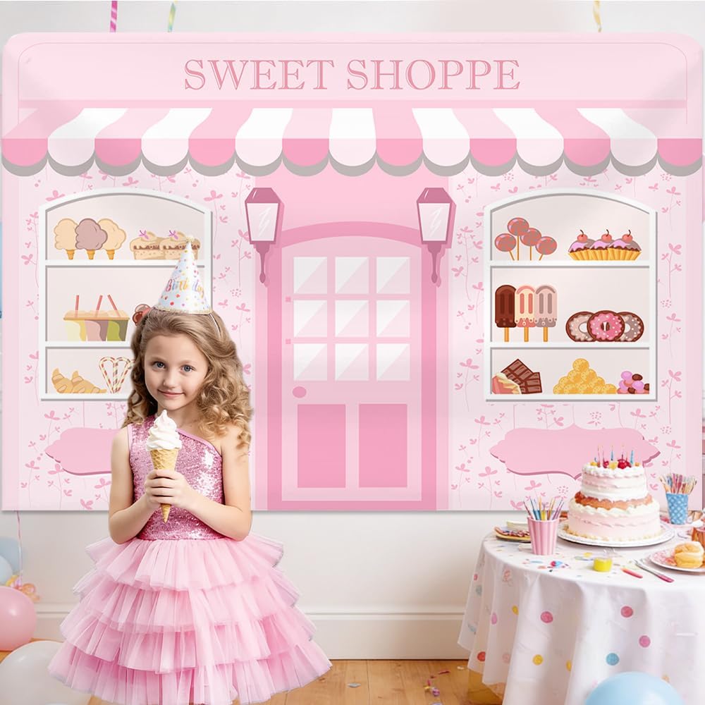 MEHOFOND 7x5ft Pink Sweet Shoppe Backdrop Dessert Parlor for Girls Birthday Photography Background Kids Party Banner