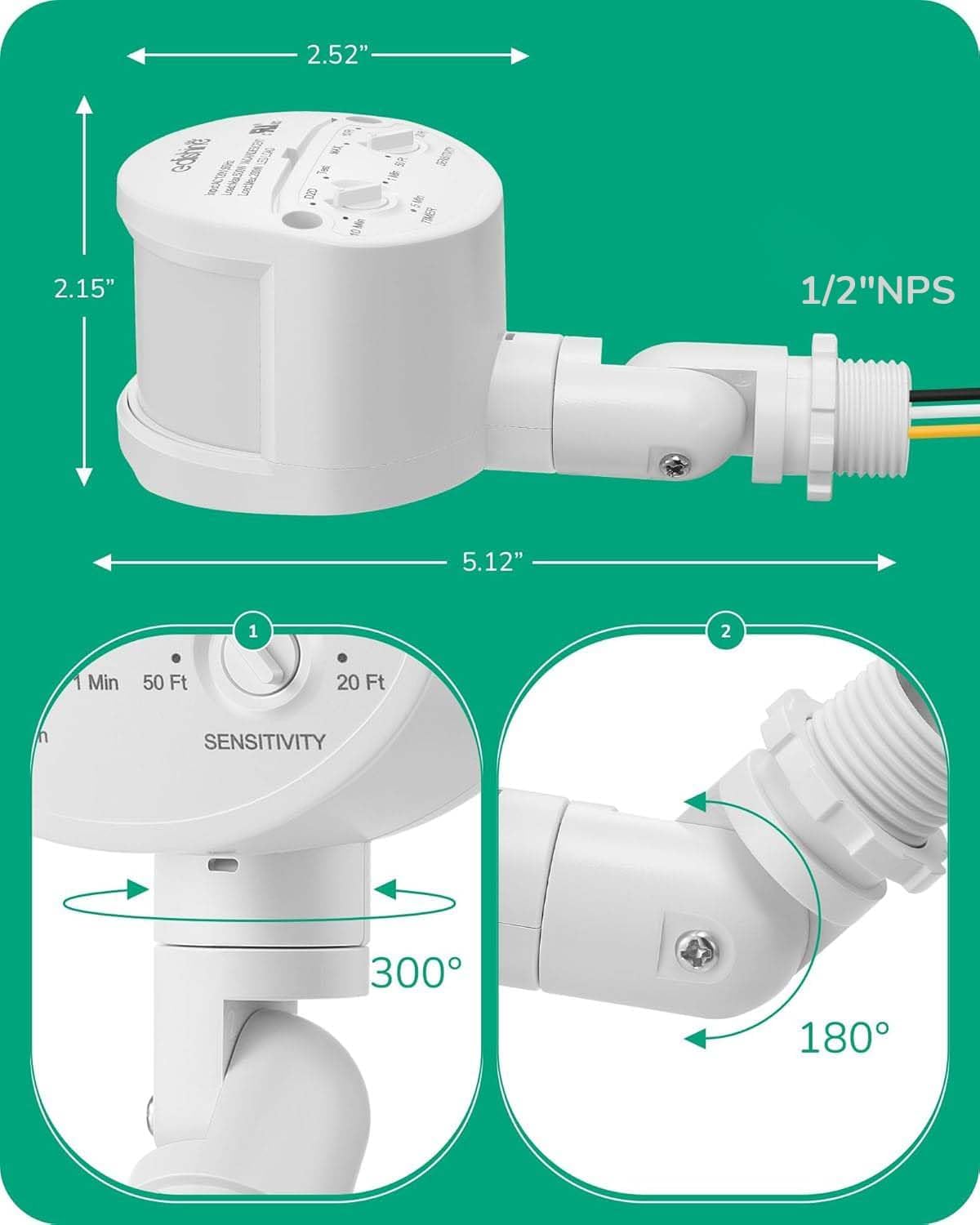 EDISHINE 180-Degree 120V 60 3 Motion Sensor, Replacement Motion Detector for Security Floodlights, Adjustable Time