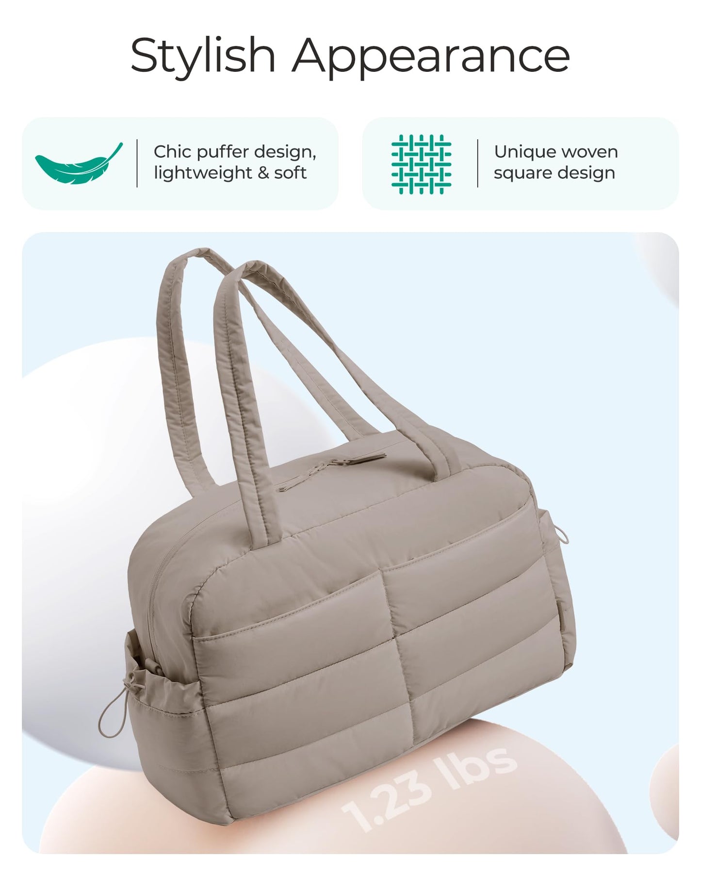 BAGSMART Gym Bag for Women, Lightweight Puffer Duffle Bag 2-PC Travel Bag, 31L Weekender Overnight Bag Quilted Carry On Tote Bag, Diaper Hospital Dance bag for Travel, Gym, Water Resistant, Camel