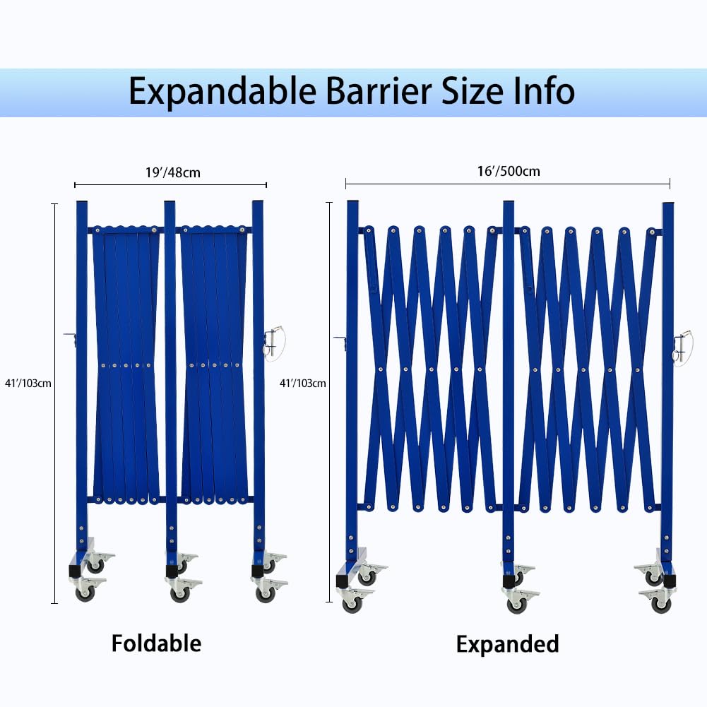 GYMTIME Industrial Expandable Metal Barricade, 16 FT, Blue, Folding Security Gate Safety Barrier with Casters, Flexible Mobile Barrier Gate, Adjustable Traffic Fence