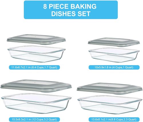KOMUEE Glass Baking Dish Set - 8 Pieces Rectangular Bakeware with Lids for Lasagna & Leftovers | Gray