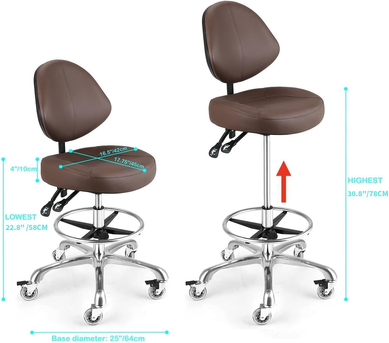 McDooFly Rolling Drafting Chair with Back Support - Tall Office Chair for Standing Desk Adjustable Foot Ring Swivel Rolling Stools for Workshop Art Studio Salon Shop Counter Home Office (Brown)