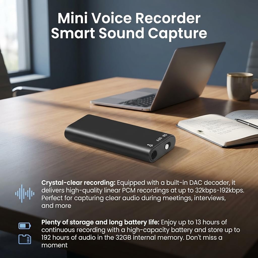 Generic (32GB) Mini Voice Recorder Smart Sound Capture, Long Battery Life, Voice Activated Recorder, Voice Activated