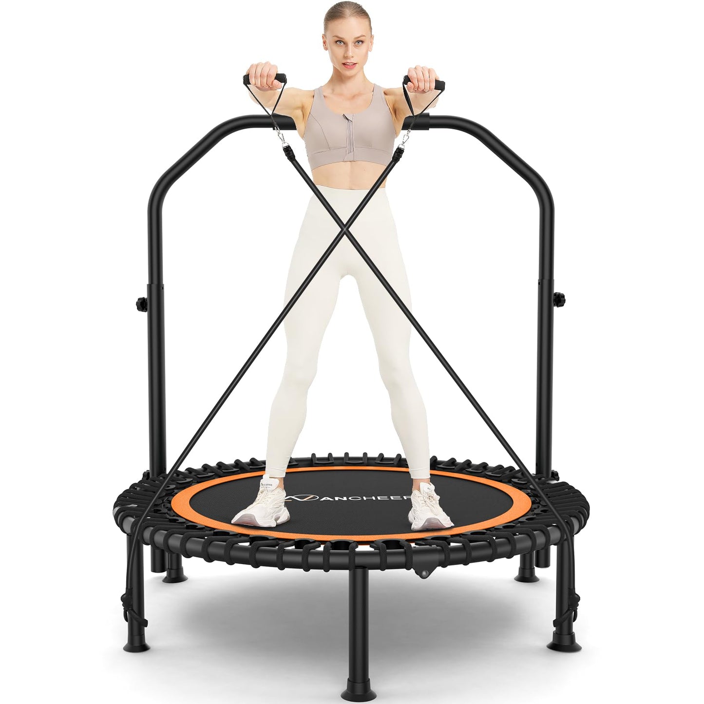 ANCHEER 48" Foldable Mini Trampolines - Max Load 350lbs - 450lbs Indoor Exercise Equipment - with 4 Level Adjustable Foam Handle and Resistance Bands - Adult Exercise Rebounder Trampolines for Home