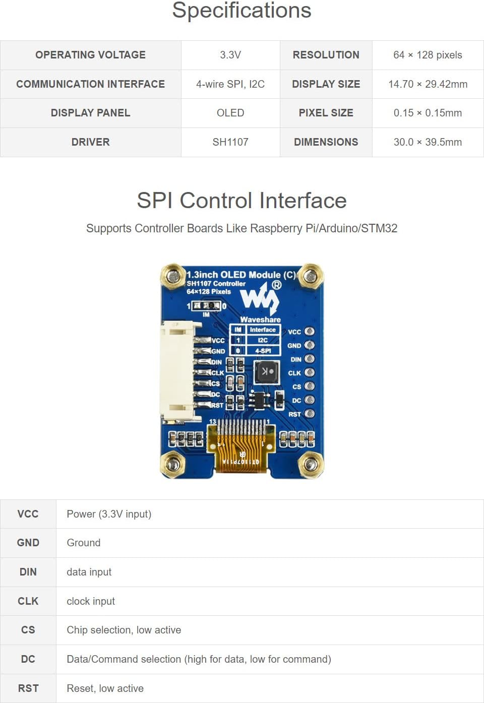 waveshare 1.3inch 64128 I2C OLED Module, Resolution Black/White Display Module with SPI and Interface for Raspberry Pi