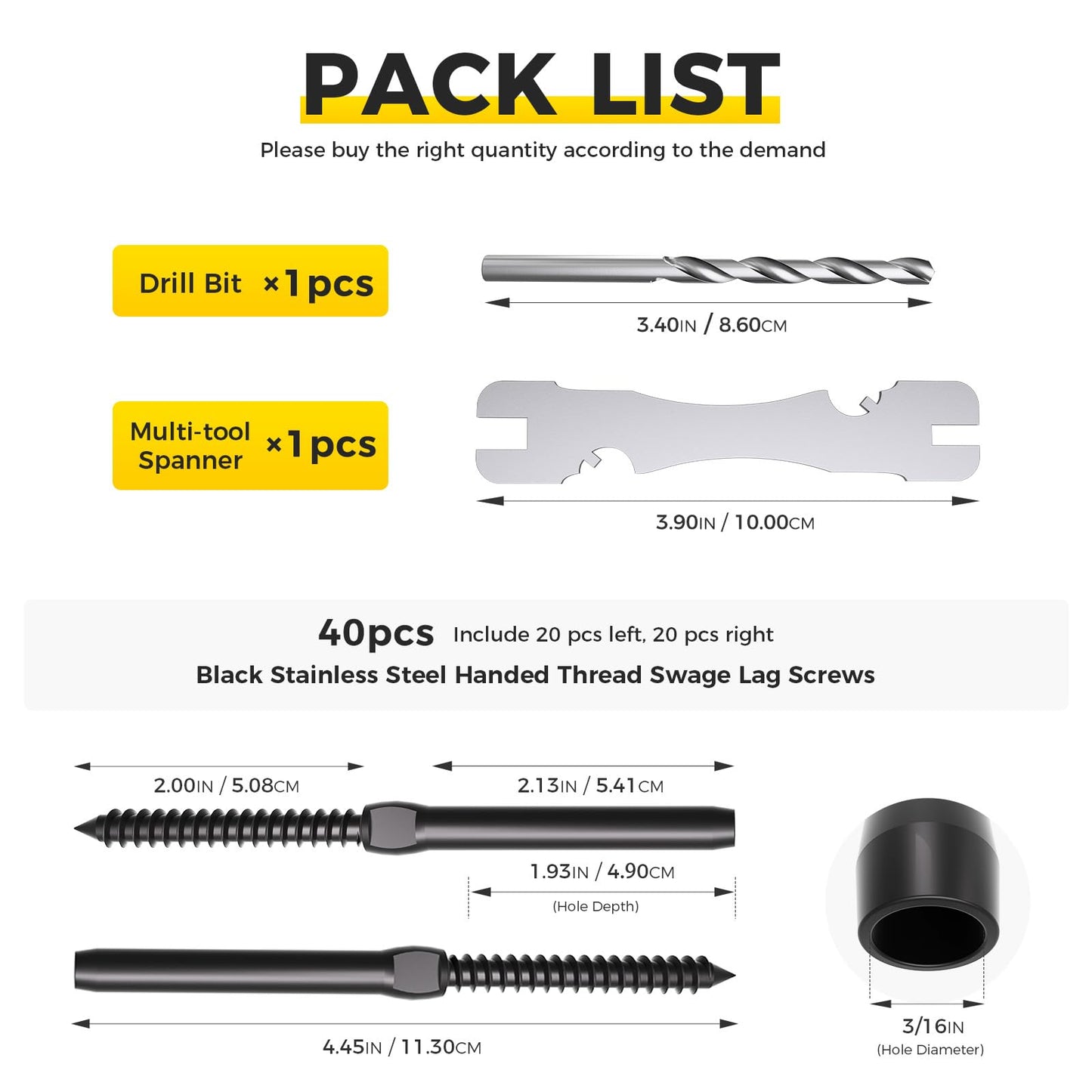 WAYSKA 40 Pack Black T316 Stainless Steel Cable Railing Hardware kit, 3/16" Black Right & Left Handed Thread Swage Lag Screws for Wood Post, DIY Deck Cable Railing System, Wrench Included(20 Pairs)