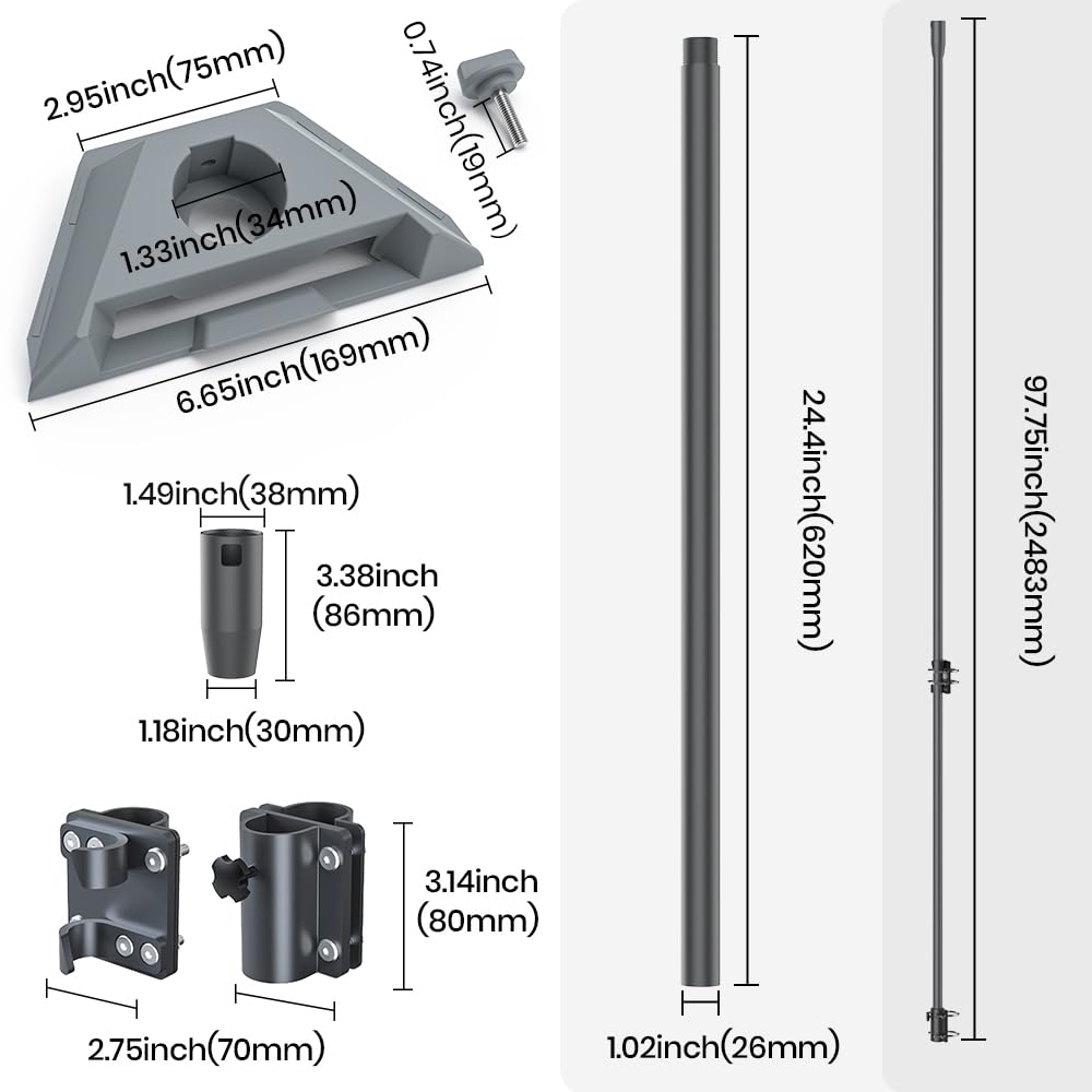 RV Ladder Mount Kit for Starlink Mini ,9.75 inch Starlink Mini Flag Pole Mount with Adapter & Adjustable Mounting Kit,Fits 0.98 to 1.25 Inch Round Ladder Rails