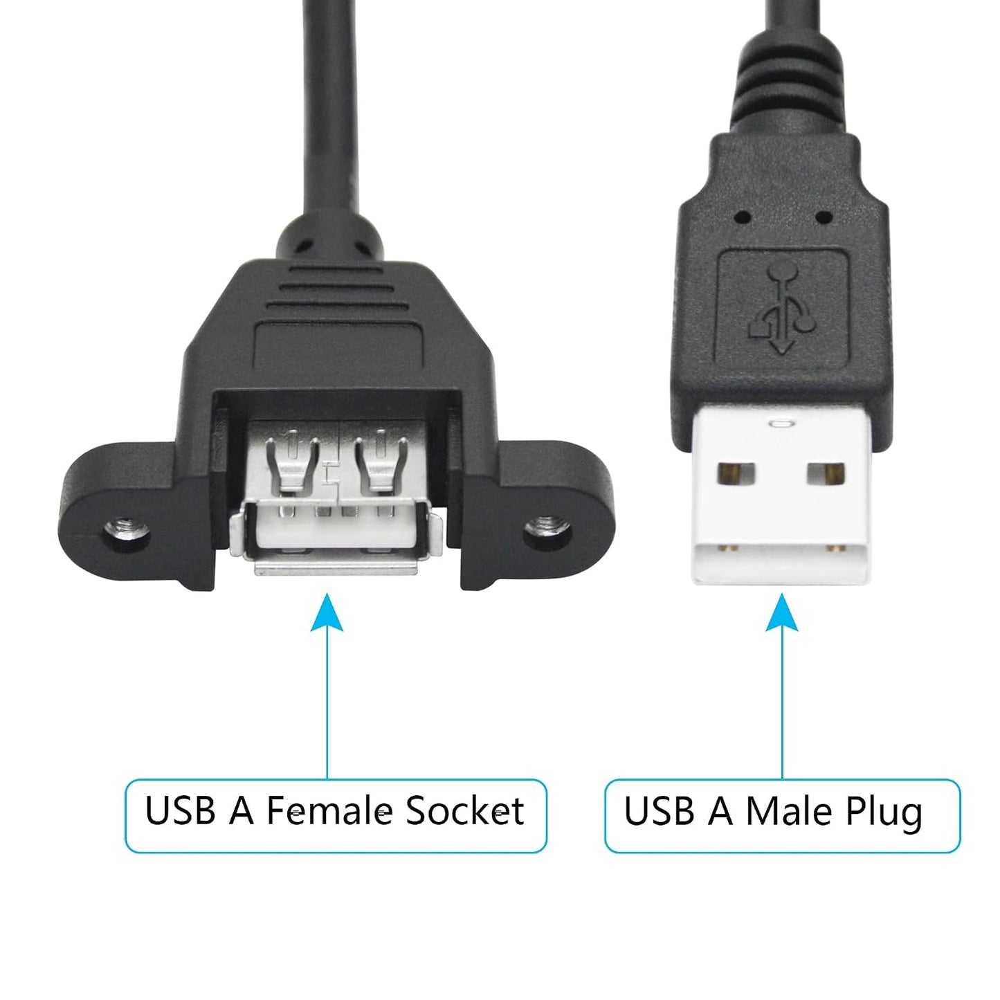 2Pcs 2.0 1FT, USB Panel Mount Extension Cable USB Type A Male to Female with Ears Can Fixed Charging and Data