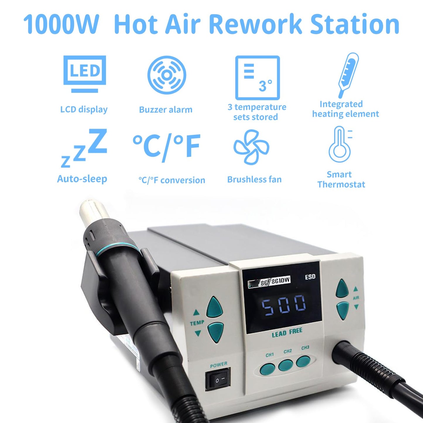 Hot Air Station, 861DW Hot Air Rework Station 110V 1000Watt Digital Display Automatic Sleep Adjustable Temperature Hot Air Soldering Station for Miro Soldering Rework with 7PCS Free Nozzles