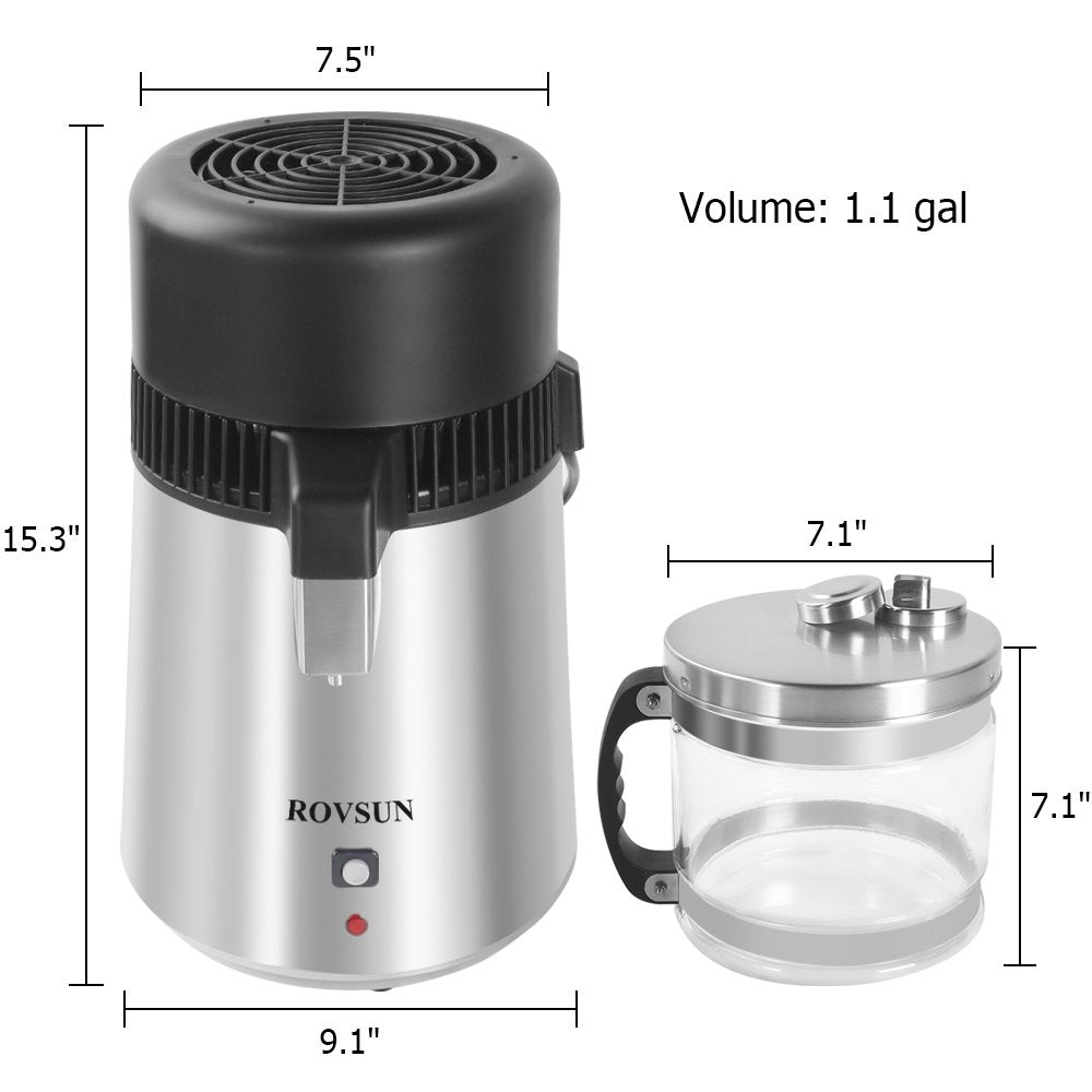 Bonnlo 1.1 Gallon/4L Water Distiller Stainless Steel with Glass Container, 750W Distilled Water Machine Maker Water Distillers for Home Countertop, 1L/H (Silver)