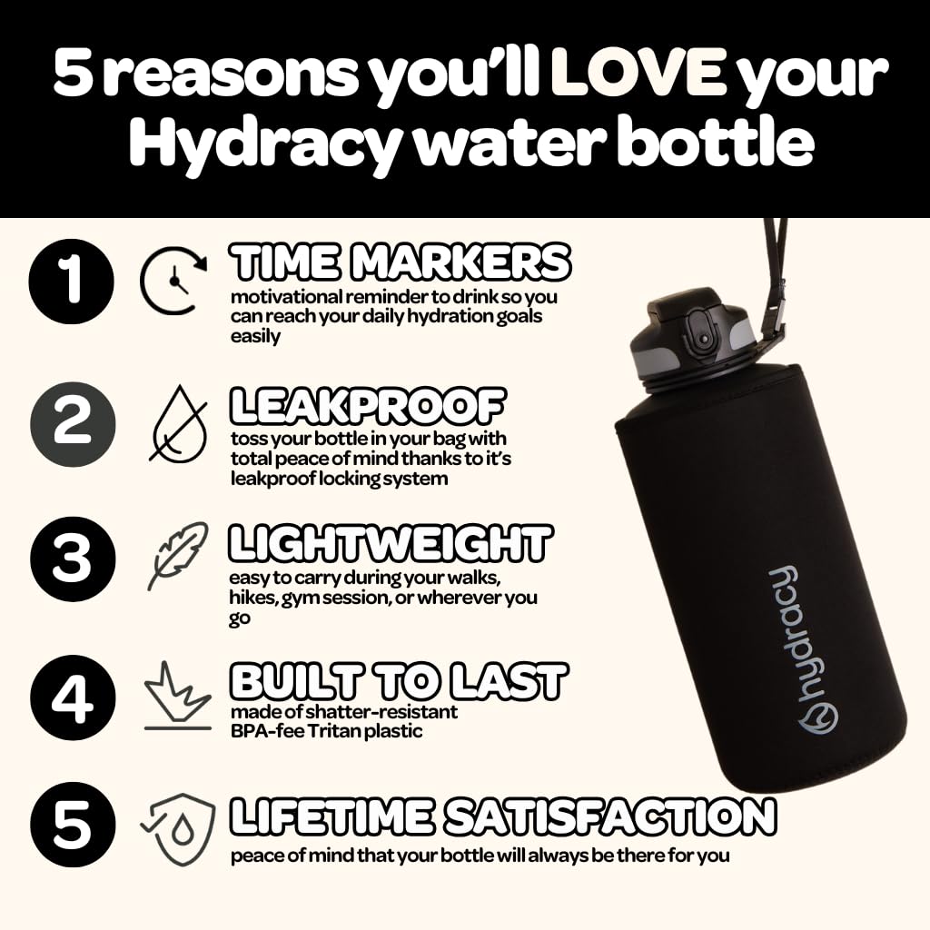 Hydracy 2L Large Water Bottle, Shatterproof, BPA Free Tritan Plastic, Leakproof, Zero Condensation, With Detachable Carry Strap, Spillproof Lid, Convenient Silicon Spout, Ideal for Gym, Yoga