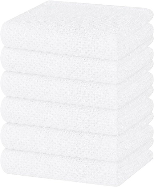 Homaxy Kitchen Dish Towels - 100% Cotton Waffle Weave, Ultra Soft & Absorbent, 13 x 28 Inches, 6-Pack | White