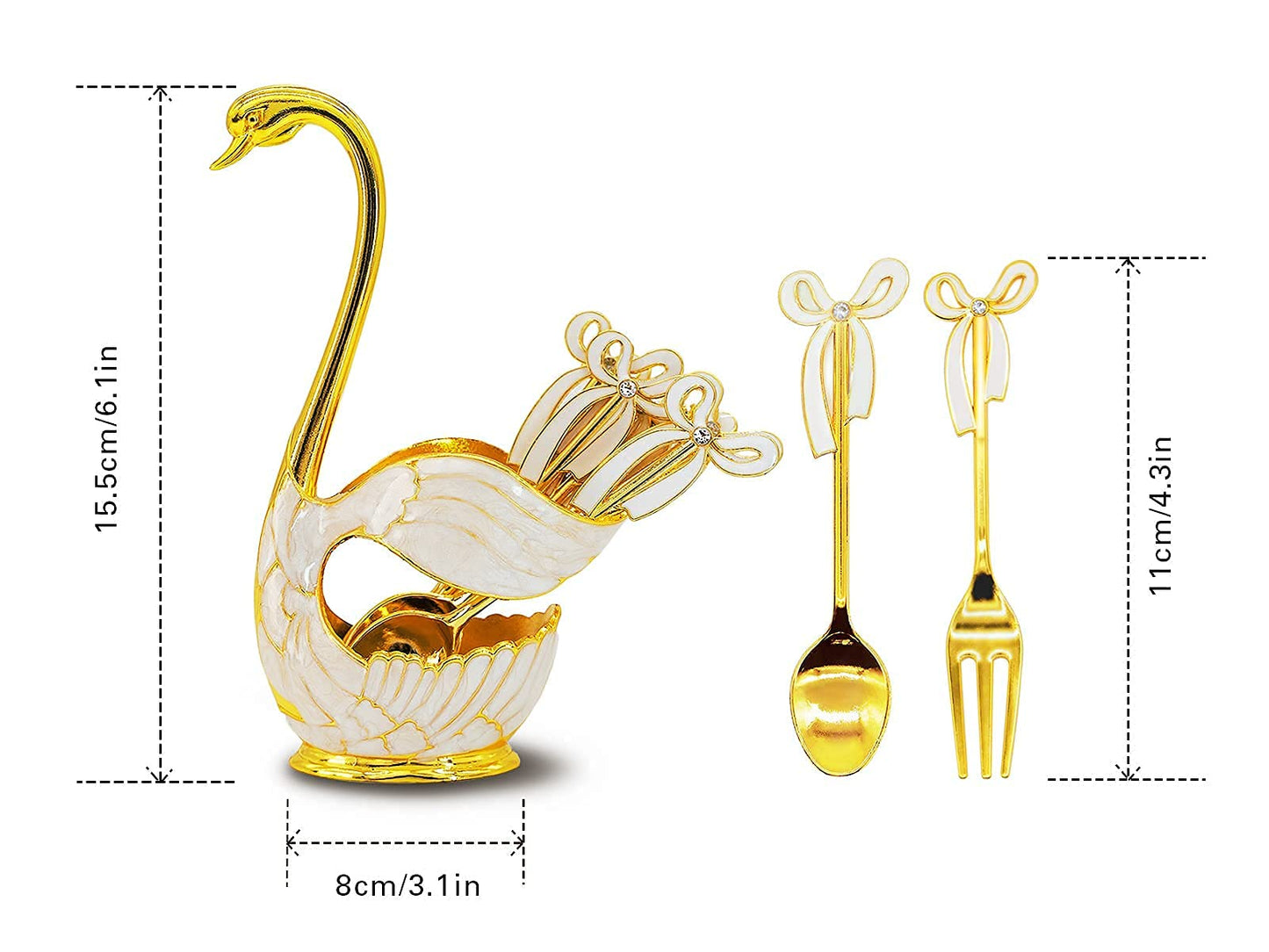 Coffee Dessert Spoon Fork Set, Swan Base Holder with 3 Spoons and 3 Forks, Coffee Dessert Sugar Flatware for Fruit Dessert Stirring Sugar Ice Cream (Gold)