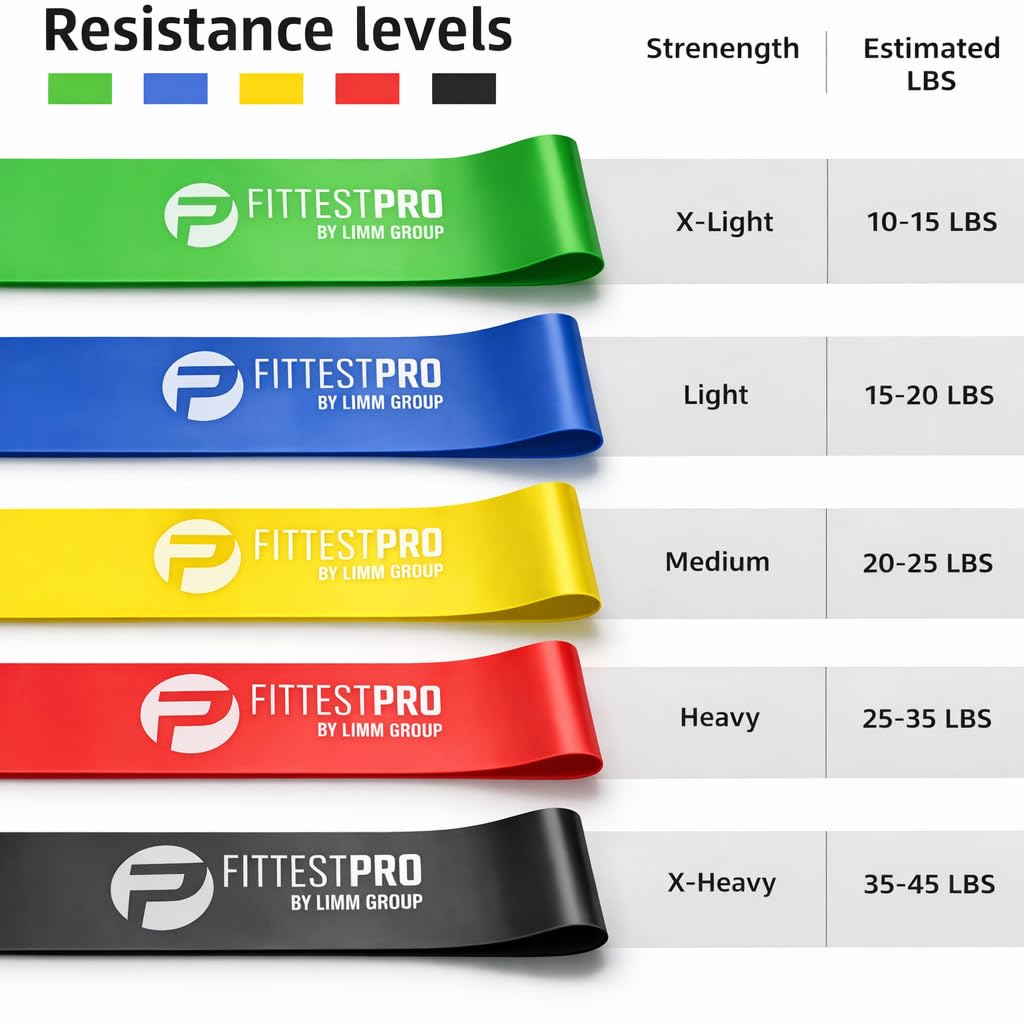 Limm Resistance Loop Exercise Bands - Set of 5 Stretch Bands for Working Out with Instruction Guide & Carry Bag - Elastic Band for Home Workout & Physical Therapy for Women and Men 12" x 2"