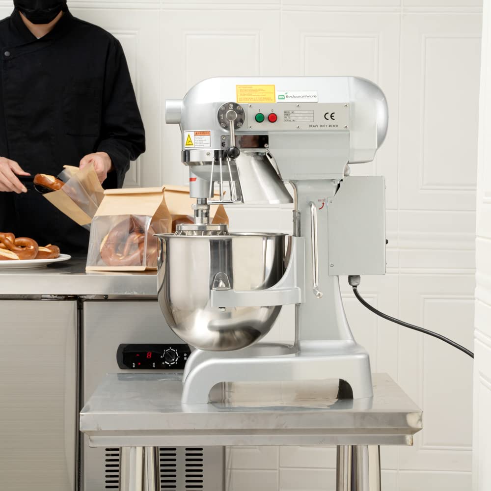 Restaurantware Hi Tek 10.6-Qt Planetary Mixer 1 No-Slip Feet Countertop Mixer - 3-Speed Removable Guard Silver Aluminum Cake Dough Mixer 110V/60Hz Includes Dough Hook Whisk & Beater