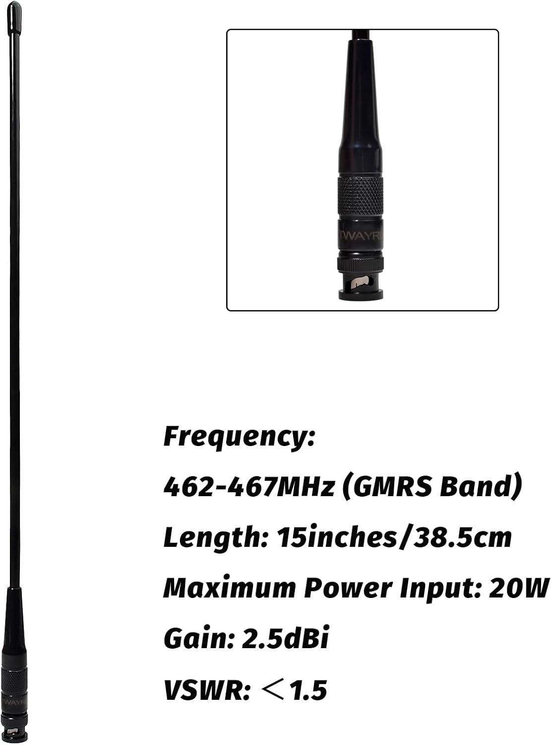 TWAYRDIO 15" 462-467MHz GMRS Radio Whip Antenna with BNC Connector for GMRS Handheld Radios Walkie Talkies