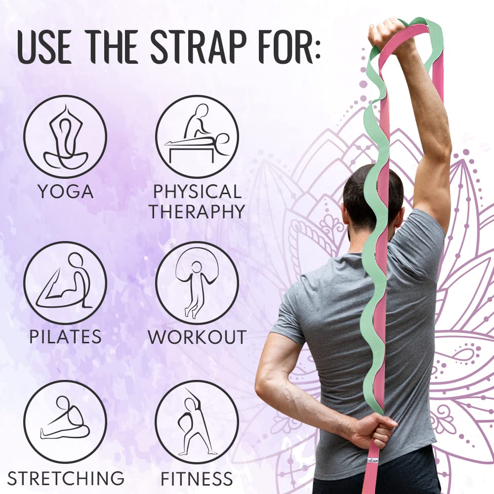 [NEW 2023] TECEUM Yoga Stretching Strap 10 Loops Non-Elastic Strap - Home Workout Stretch Strap for Physical Therapy, Yoga, Pilates cttn 1.5 in LM
