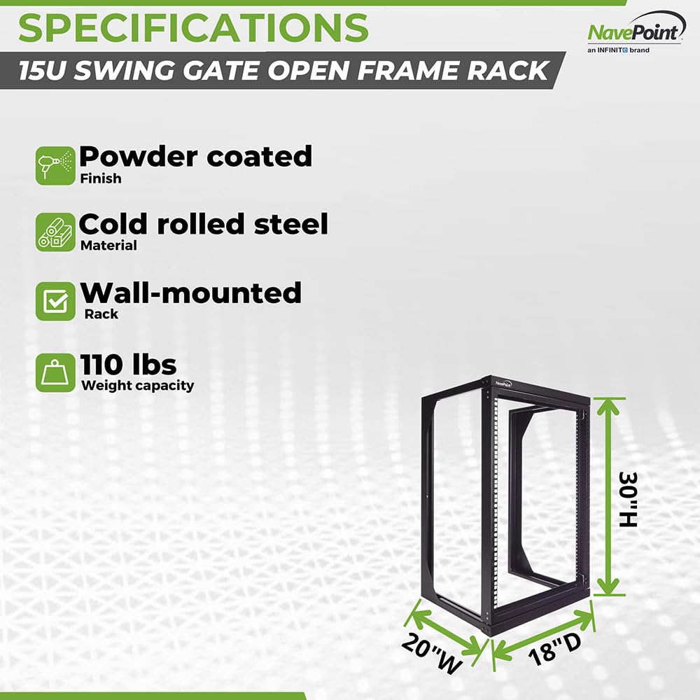 NavePoint 15U Open Frame Server Rack for 19" IT Network Equipment & A/V Devices, Free Standing or Wall Mount Rack with 180 Degrees Gate Swing, Black