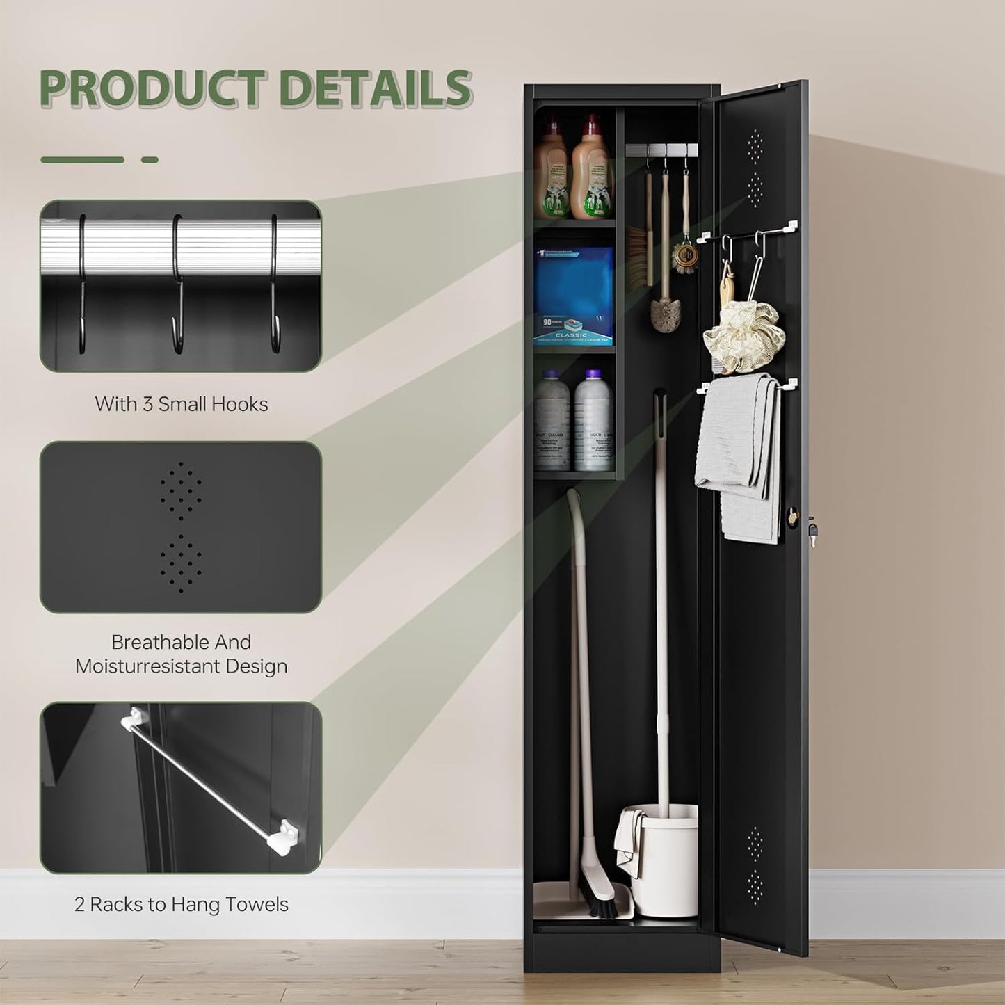 Letaya Broom Closet Storage Cabinet,Metal Cleaning Supply Tool Cabinet,Utility Cabinets for Brooms & Mops Black Garage Organization Cabinet for Laundry Room, Bathroom