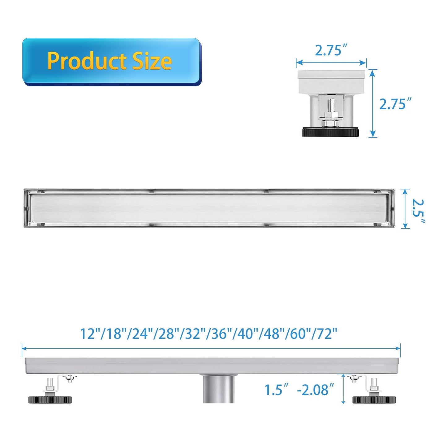 Elefloom Linear Shower Drain, 60 inch Drain with Tile Insert 2-in-1 Panel, Brushed 304 Stainless Steel Shower Floor Drain, Linear Drain with Hair Strainer and Adjustable Feet