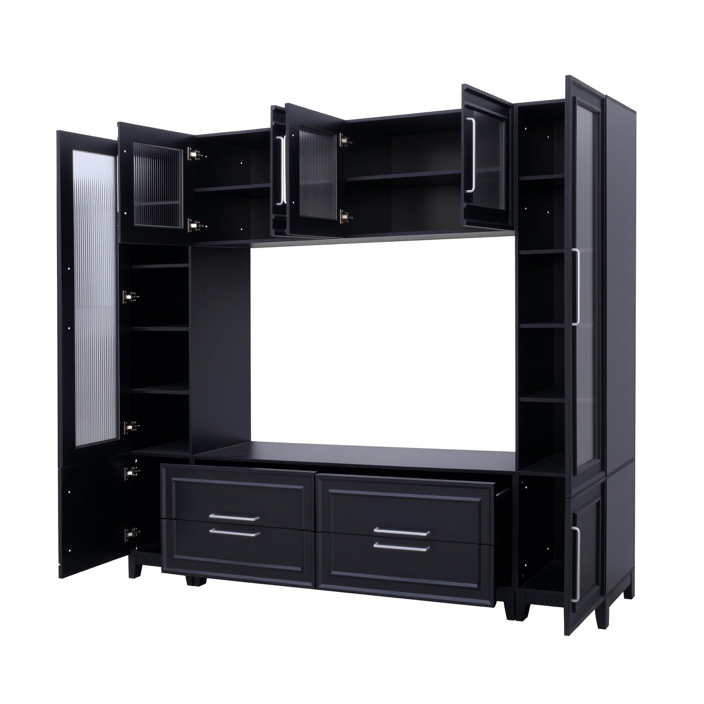 Merax 102" W Wall Unit Modern Entertainment Center with Glass Doors for TVs up to 75", Large Minimalist TV Stand Media Console with Drawers, Glass Doors for Living Room, Black